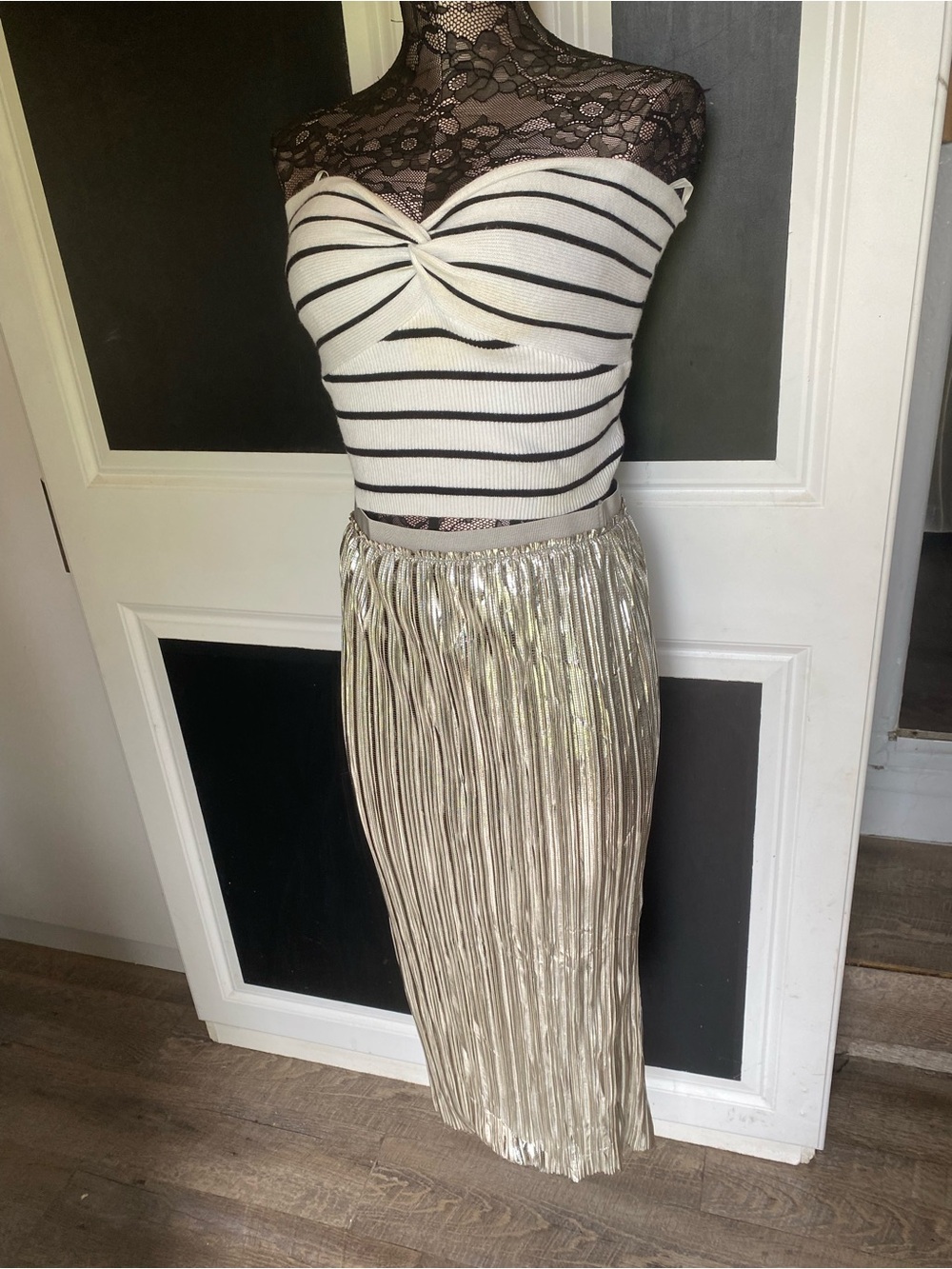 Maeve Silver Metallic Pleated Midi Skirt